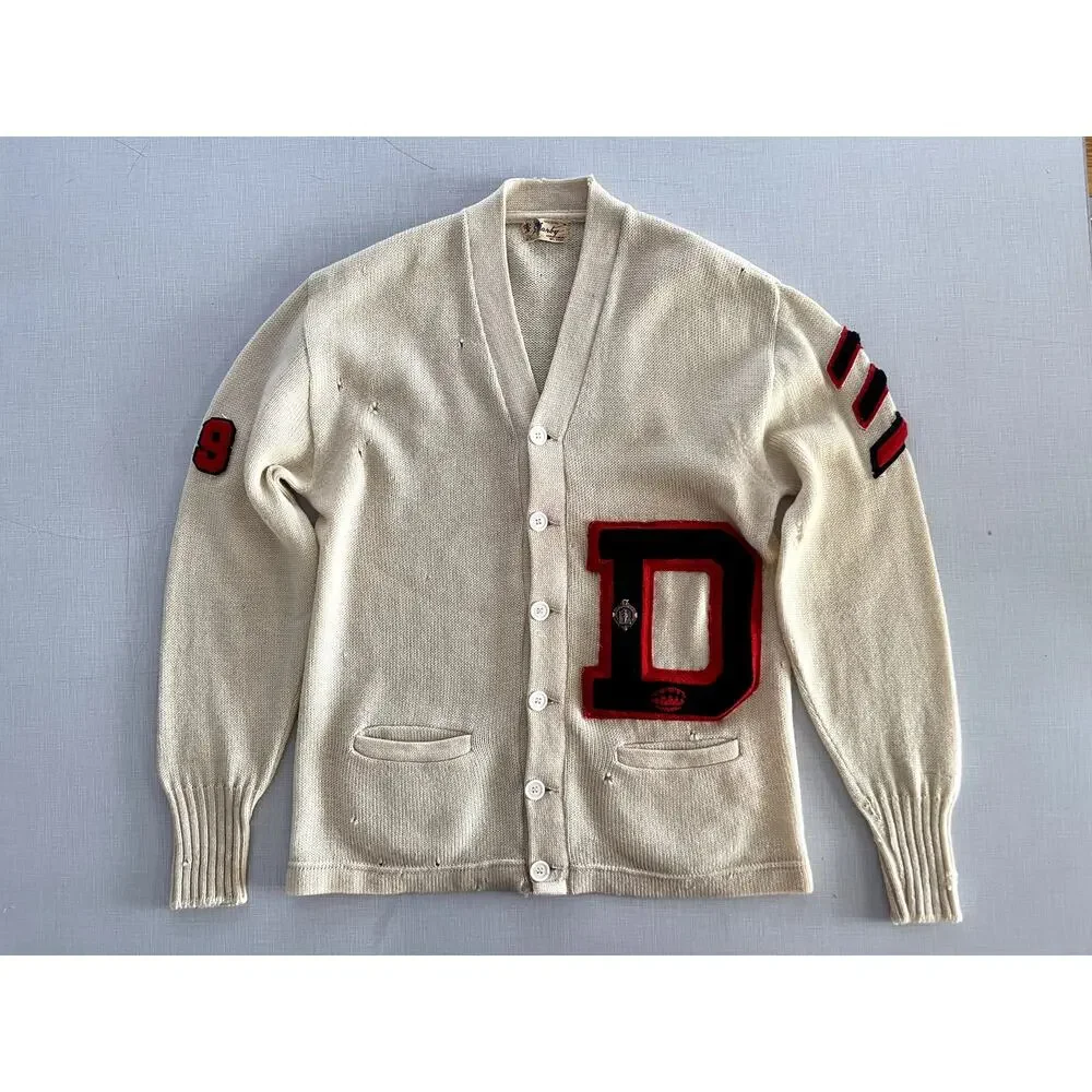 Sarby Sportswear Sz M Letterman Cardigan Sweater Cream Wool Vintage 1950's